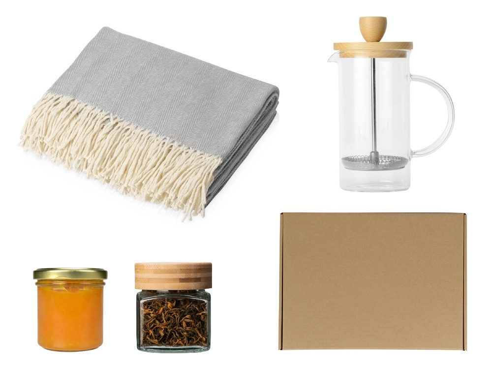 Подарочный набор с пледом, френчпрессом, чаем и вареньем (29149)
