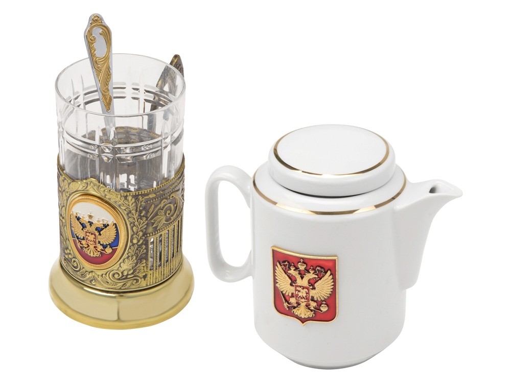 Чайный набор с подстаканником и фарфоровым чайником «ЭГОИСТ-Л», золотистый/белый